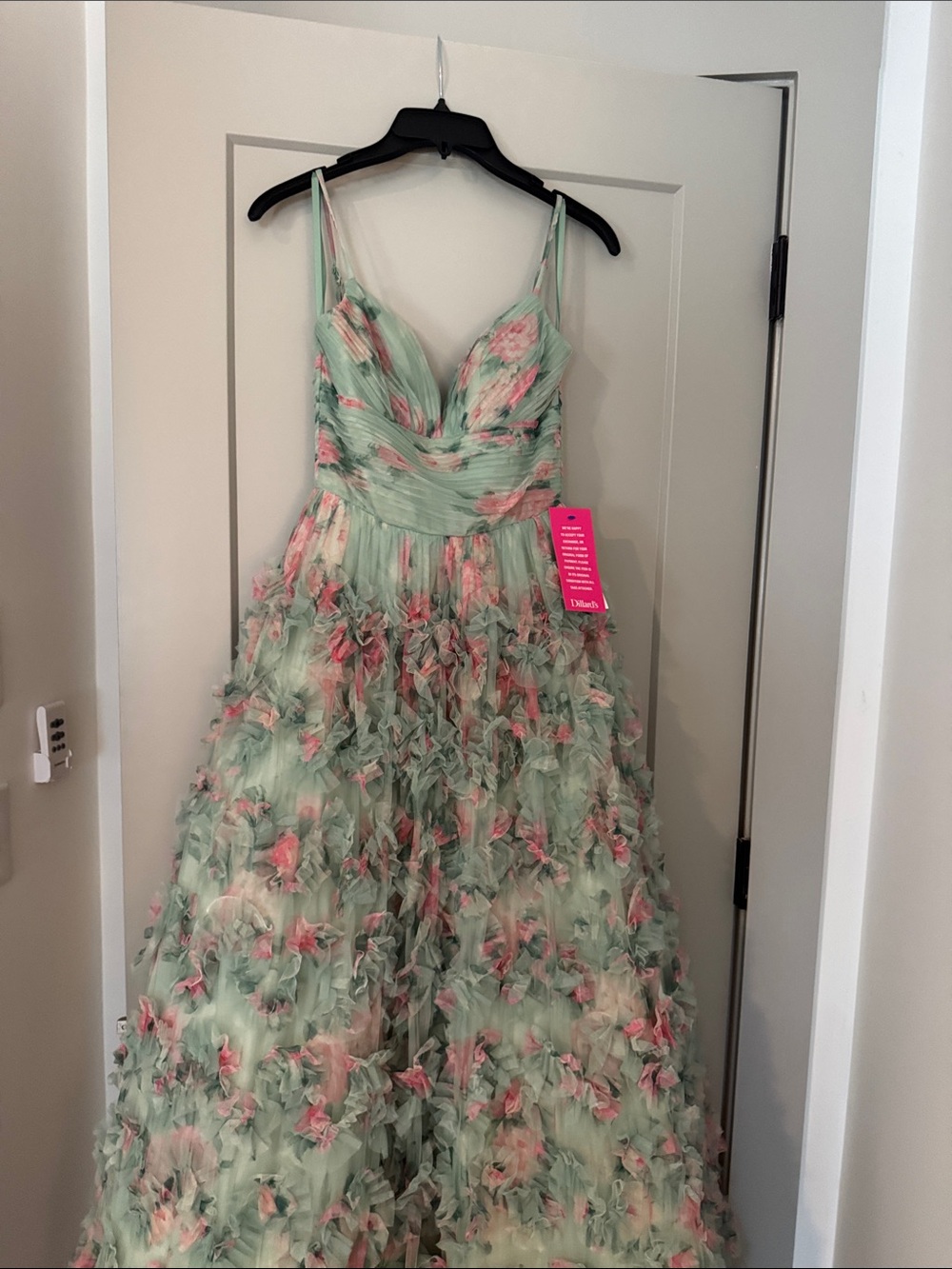 Mint & Pink Floral Appliqué Spaghetti-Strap Prom Dress